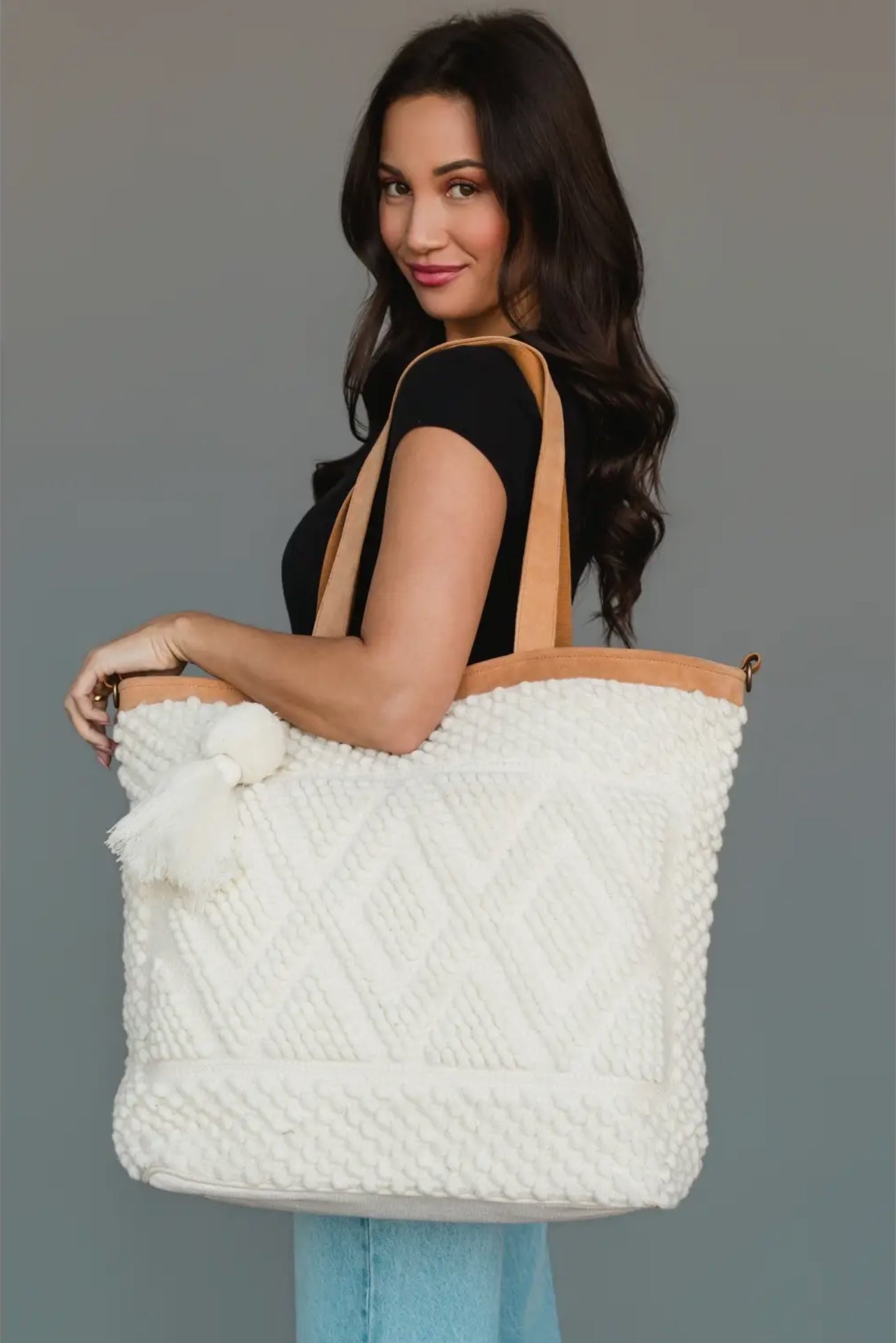 P Ivory Diamond Pattern Textured Tote