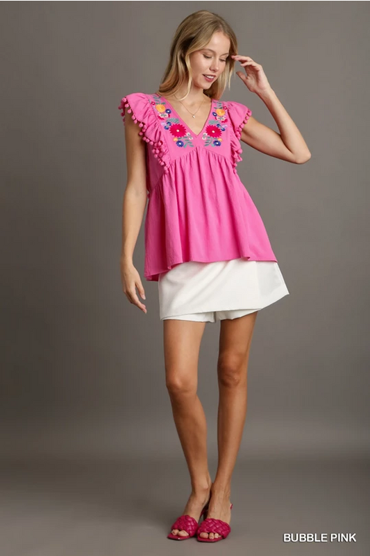 Umgee Pink Floral Embroidery Top