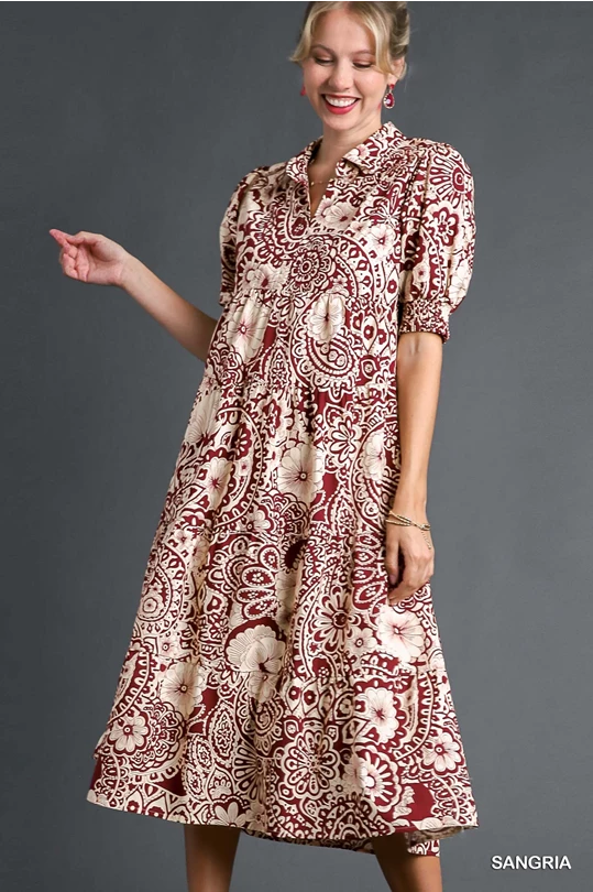 Umgee Sangria Paisley Print V-Neck Collared Tiered Dress