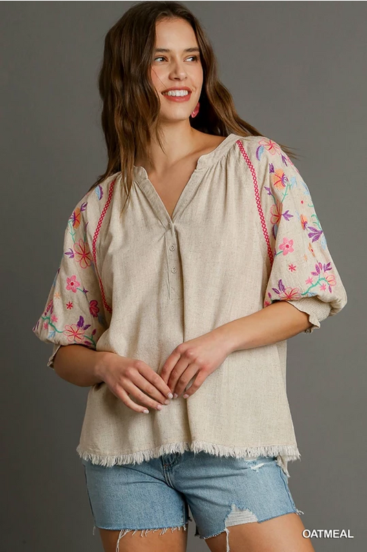 Umgee Linen Split Neck Mid Button Down Top with Embroidered Sleeves