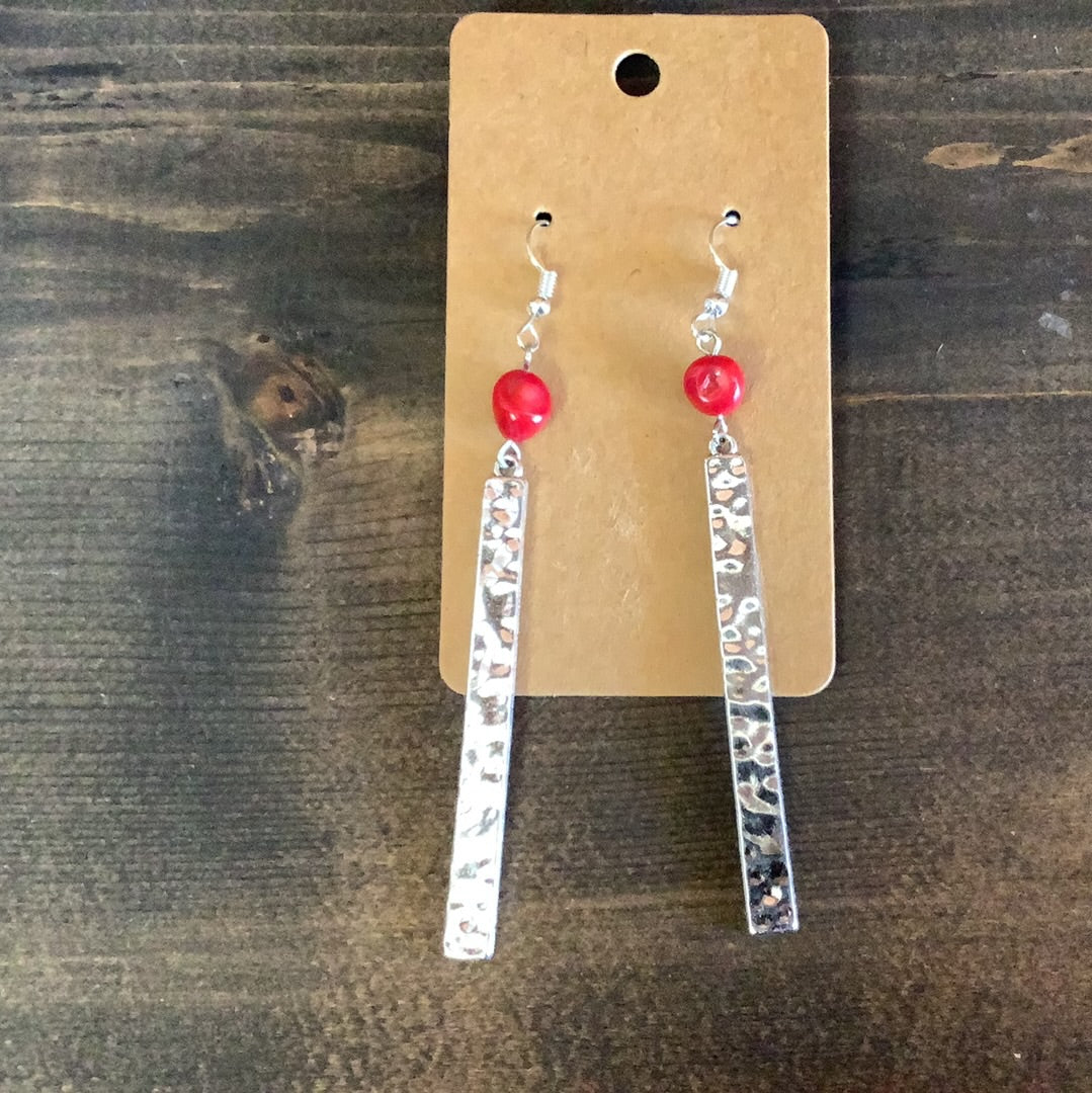 Silver Red Rock Bar Earrings