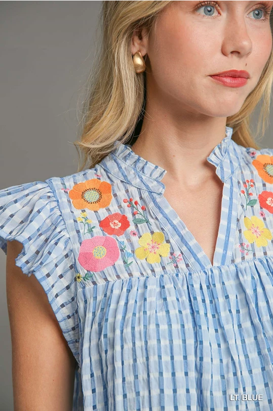 Umgee Blue Embroidery Split Neck Top