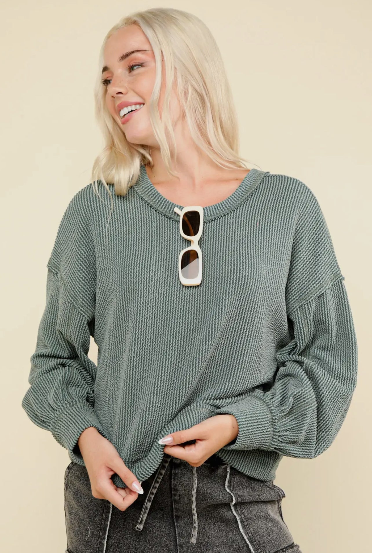 Moss Two Tone Ribbed Top