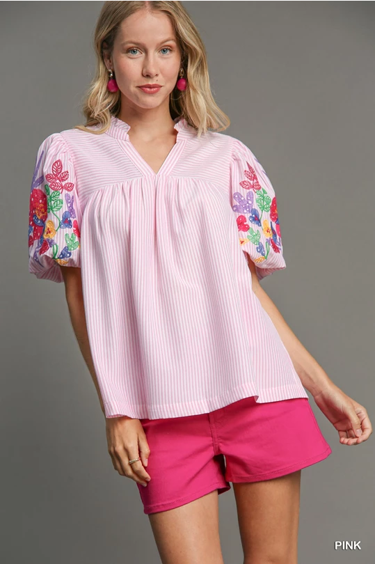 Umgee Embroidery Pink Stripe Pleated Top