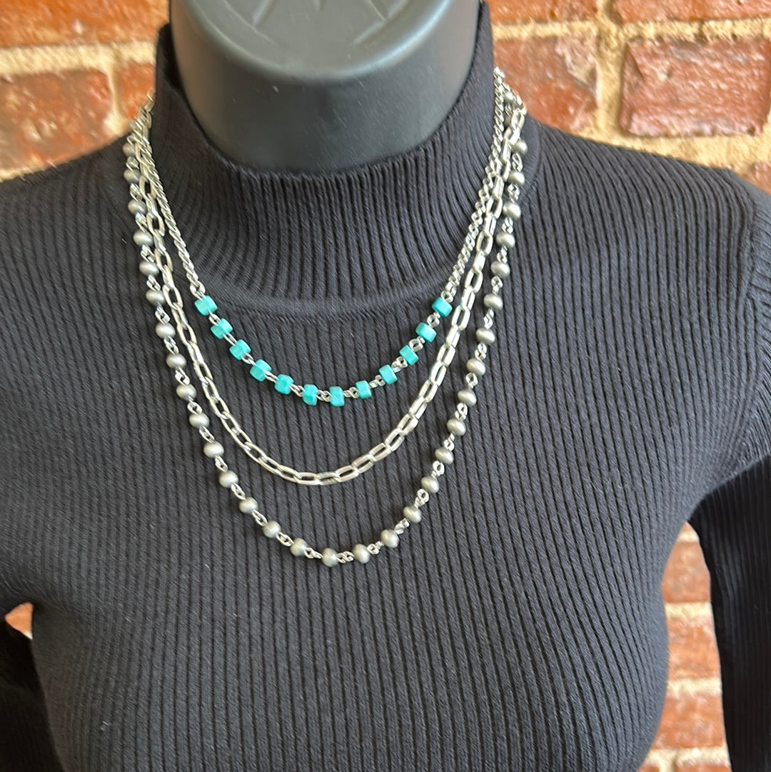 3 Strand Layered Chain Necklace w/ Turquoise & Faux Navajo Necklace