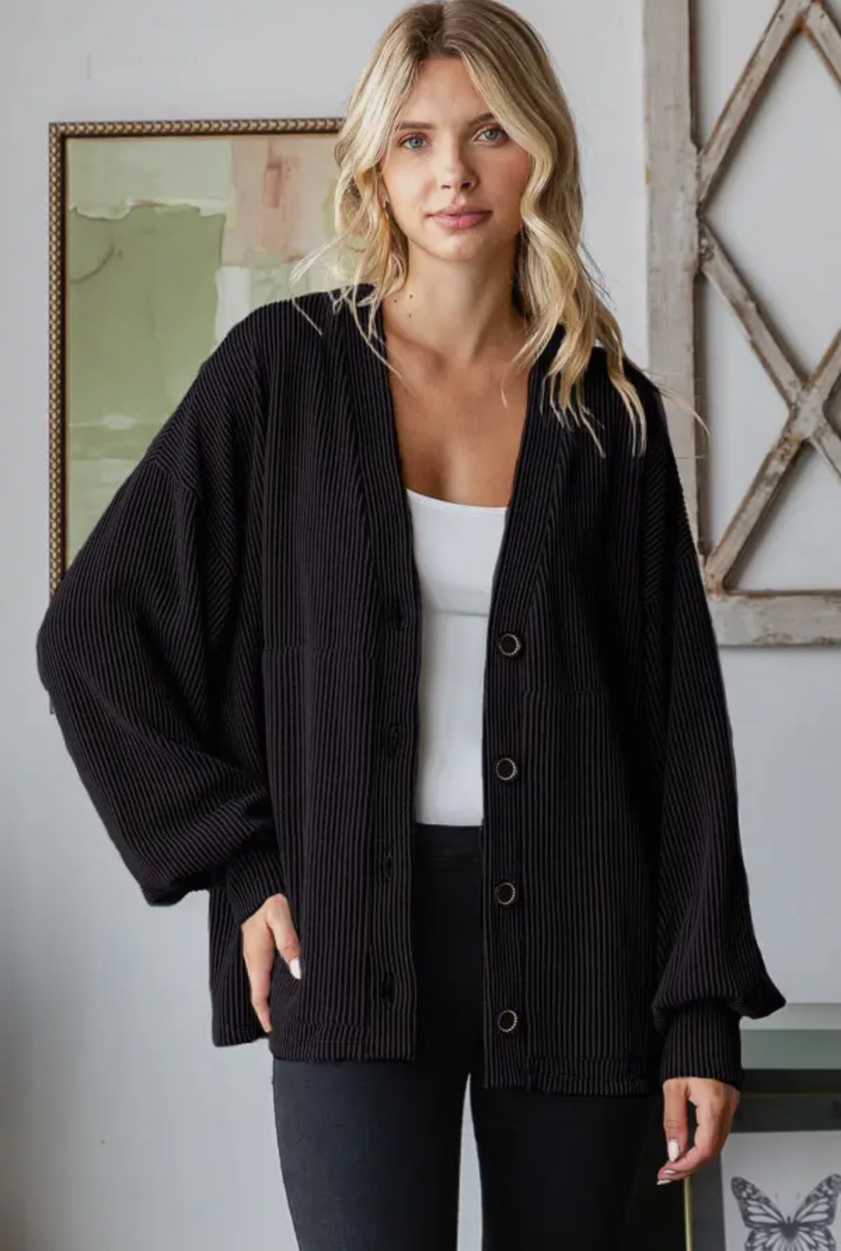 Black Rib Drop Shoulder Button Cardigan