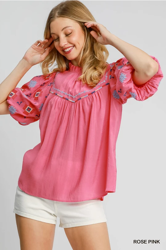 Umgee Rose Pink Embroidered High Neck Top