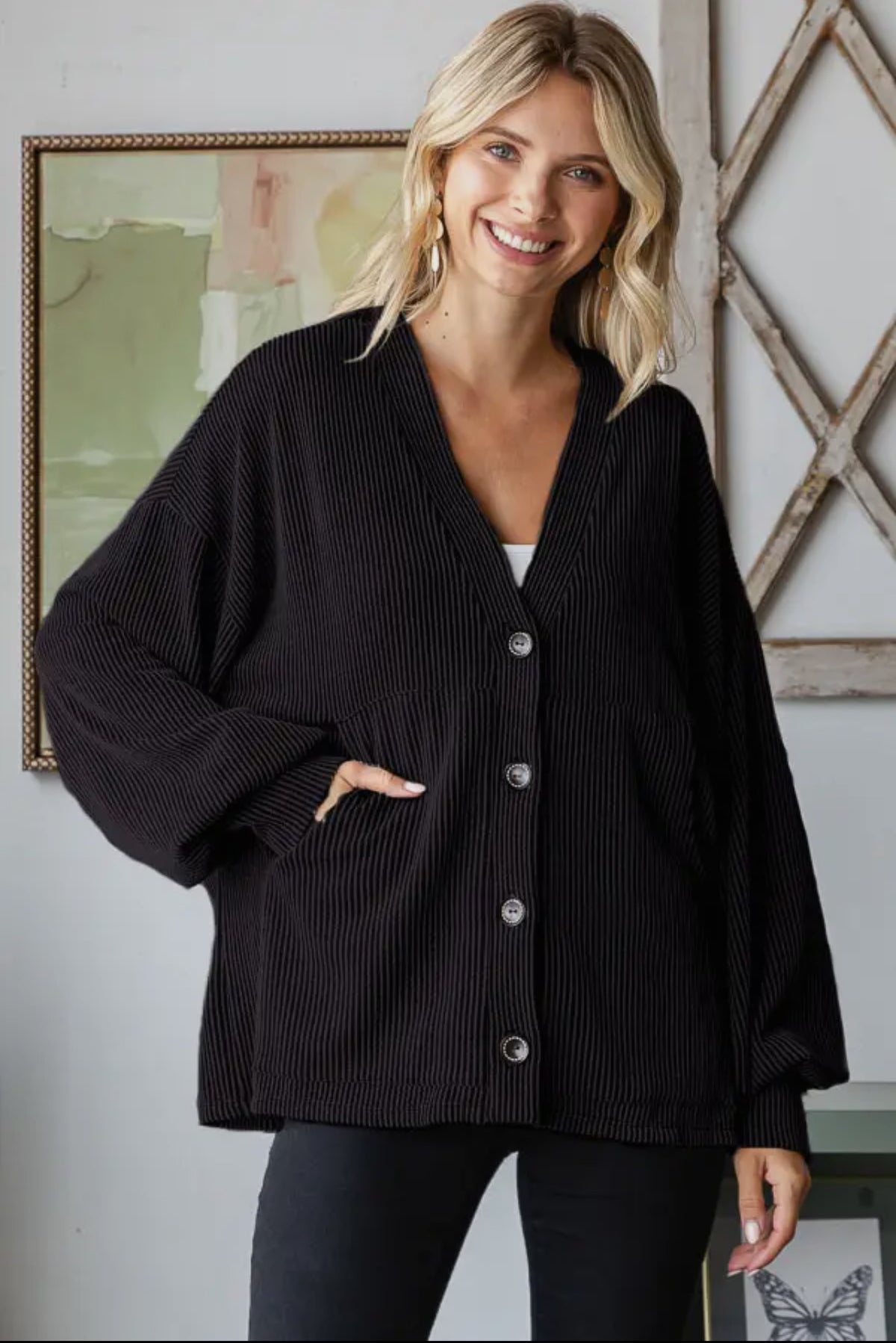 Black Rib Drop Shoulder Button Cardigan