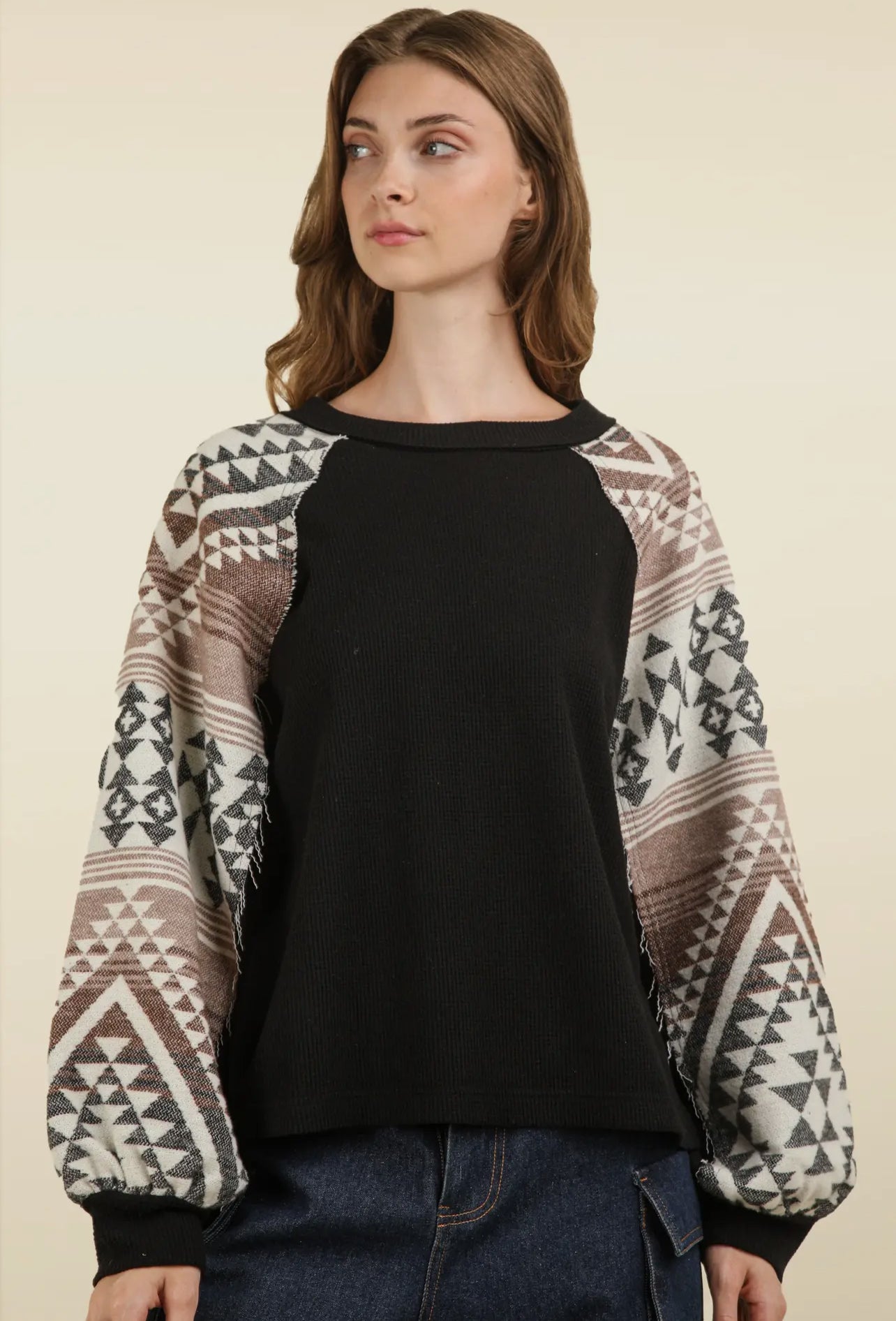 Aztec Printed Sleeve Knit Top