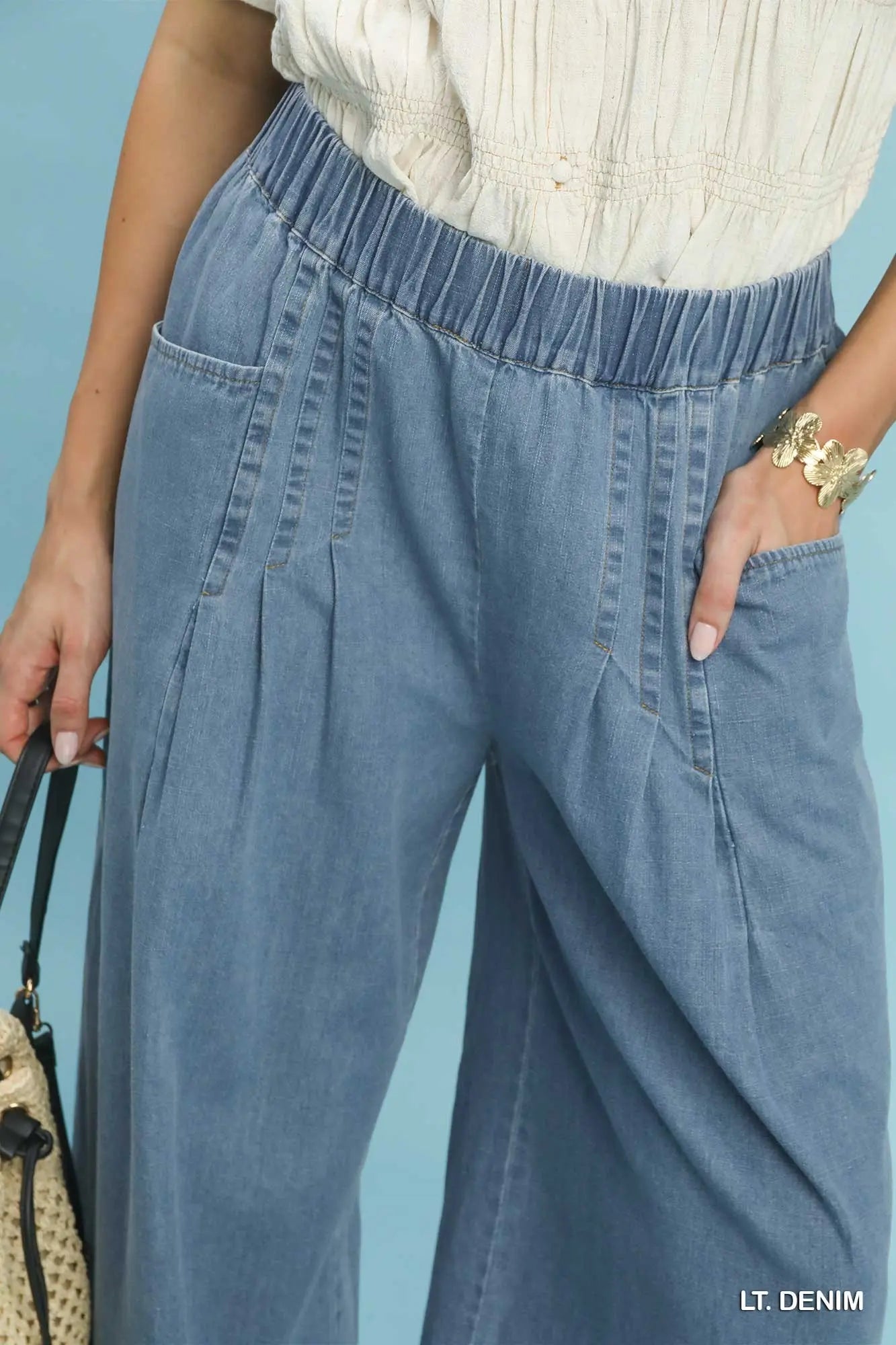 Umgee Light Denim Wide Leg Pants