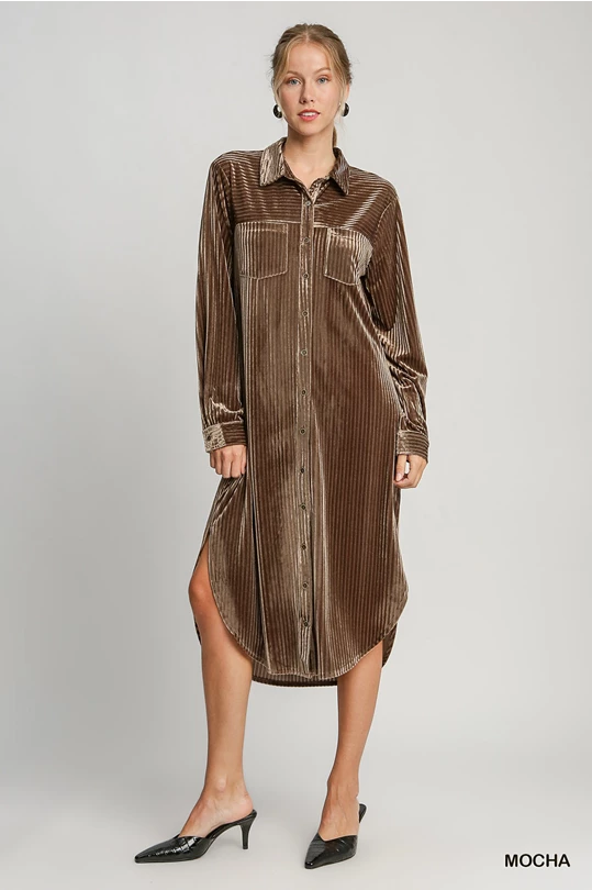 Umgee Mocha Stripe Button Down Midi Dress