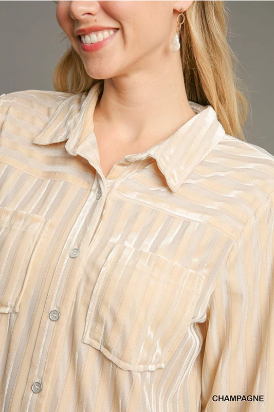 Umgee Champagne Metallic & Striped Collared Top