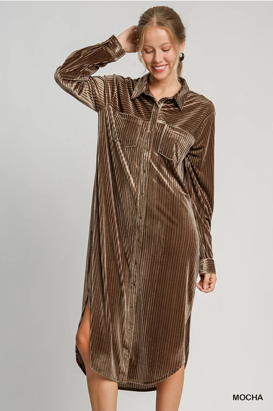 Umgee Mocha Stripe Button Down Midi Dress