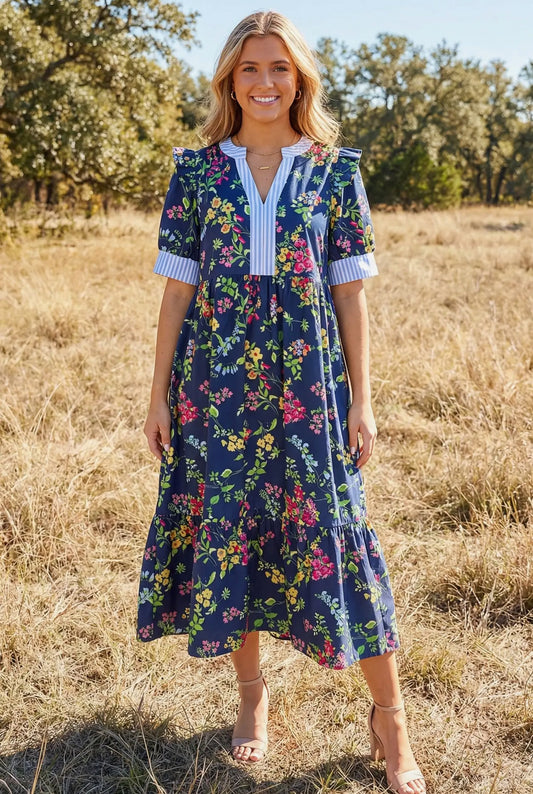 Navy Floral Midi Dress