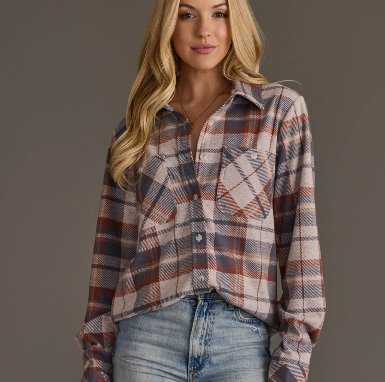 P Dusty Blue, Brick & Tan Plaid Top