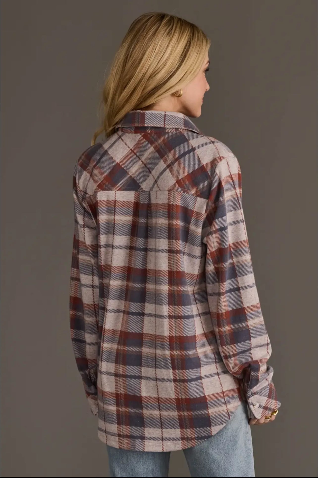 P Dusty Blue, Brick & Tan Plaid Top