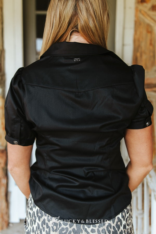 LB Black Short Sleeve Button Down Top