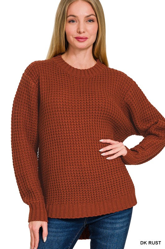 Dark Rust Hi-Low Round Neck Waffle Sweater