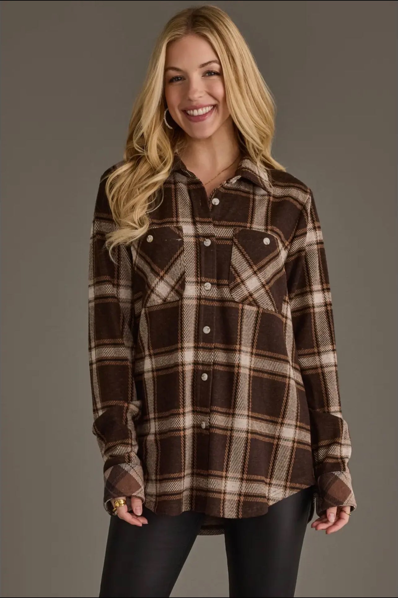 P DK. Brown, Cream & Black Plaid Top