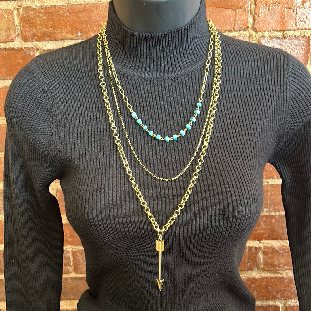 3 Strand Faux Gold Chain with Turquoise & Arrow Necklace