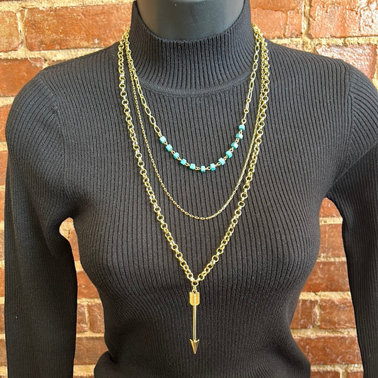 3 Strand Faux Gold Chain with Turquoise & Arrow Necklace