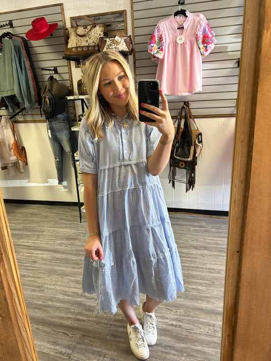 Umgee Blue Mix Stripe Tiered Dress