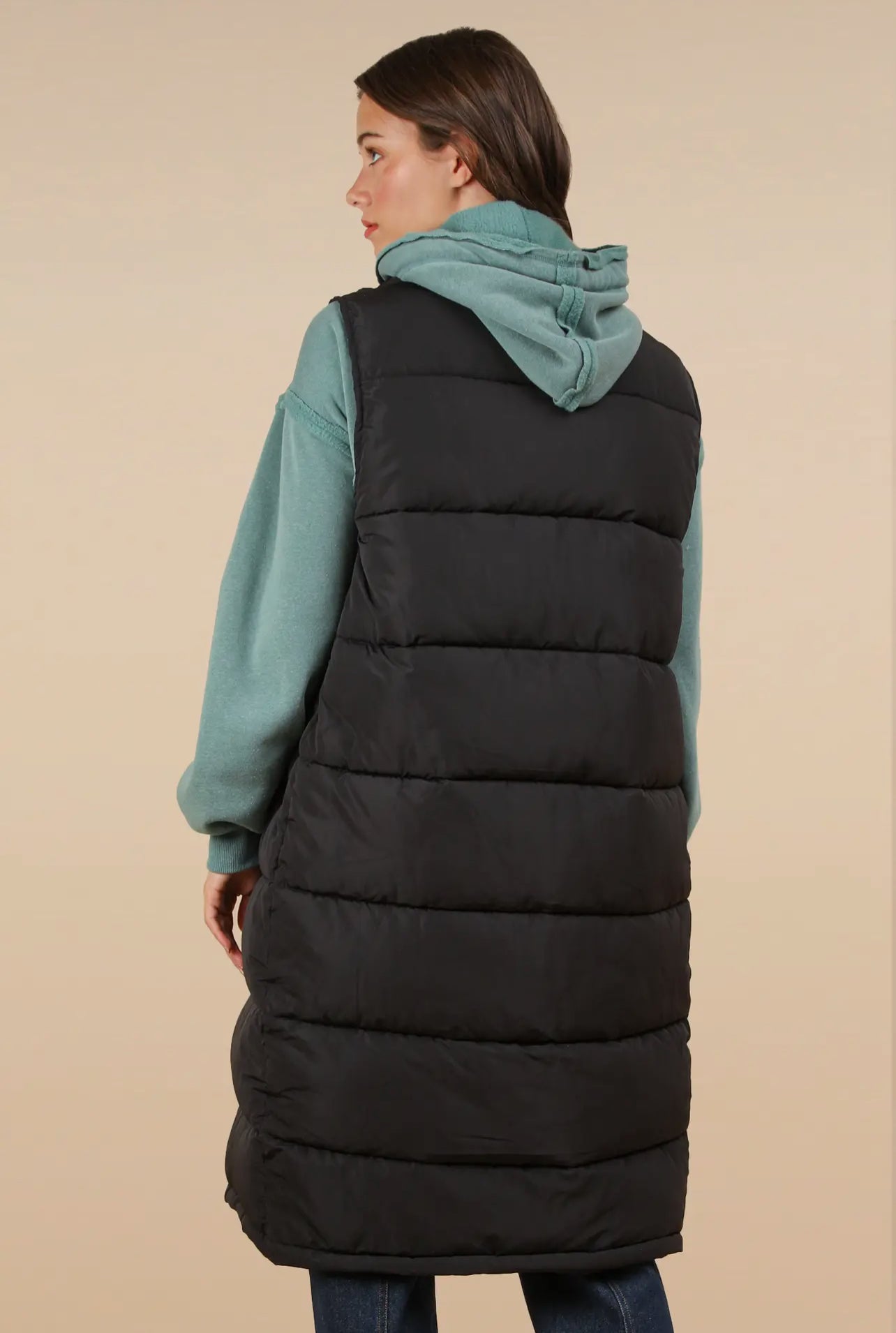 Long Puffer Vest with Pockets