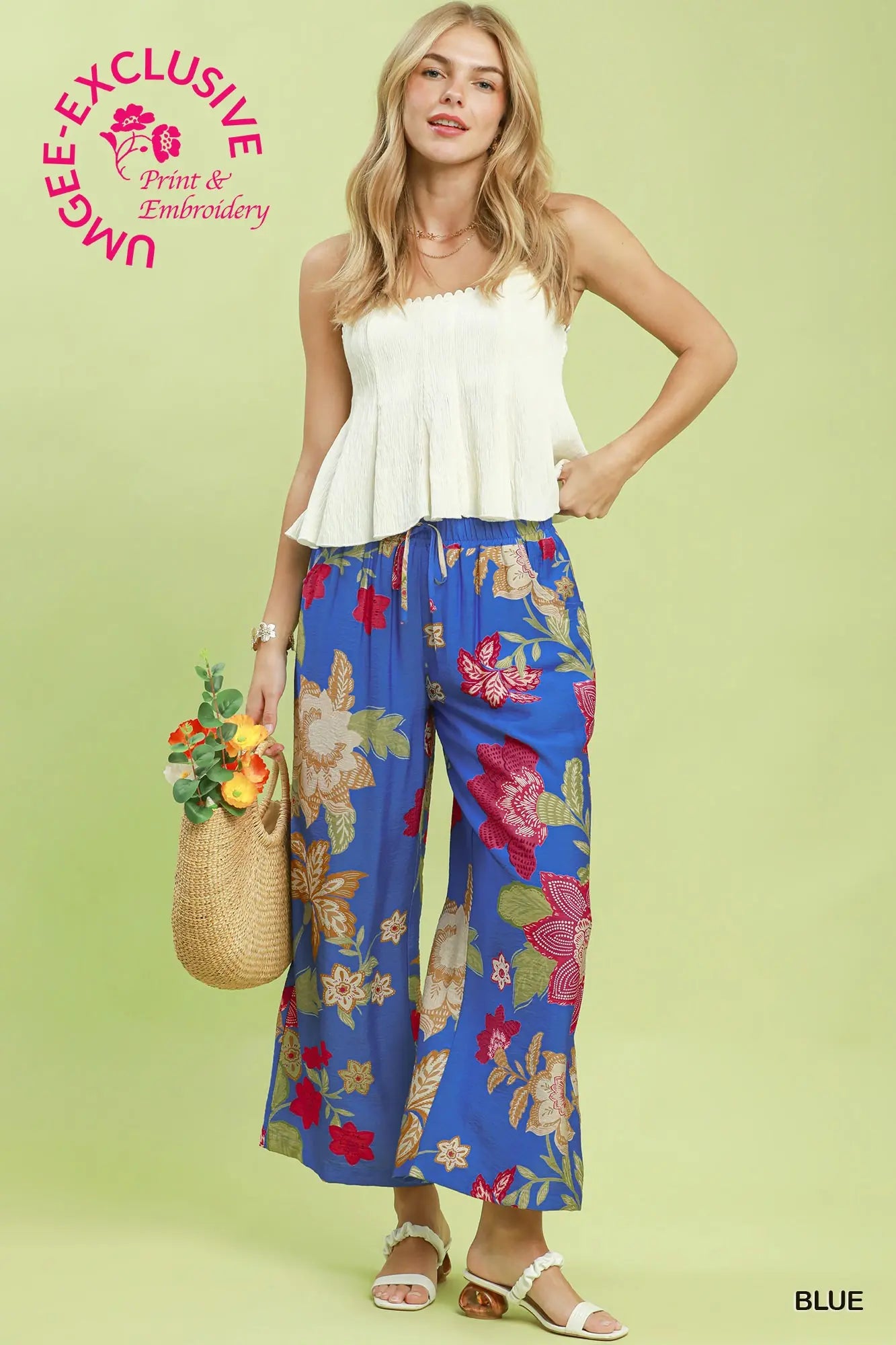 Umgee Floral Wide Leg Crop Pant