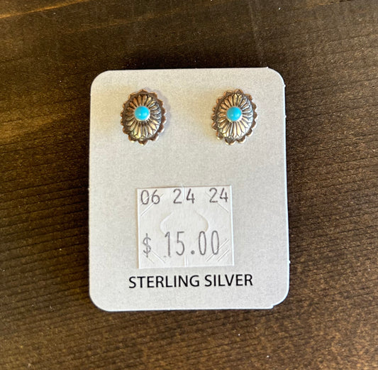 Oval Stamped Sterling Silver & Turquoise Stud Earrings