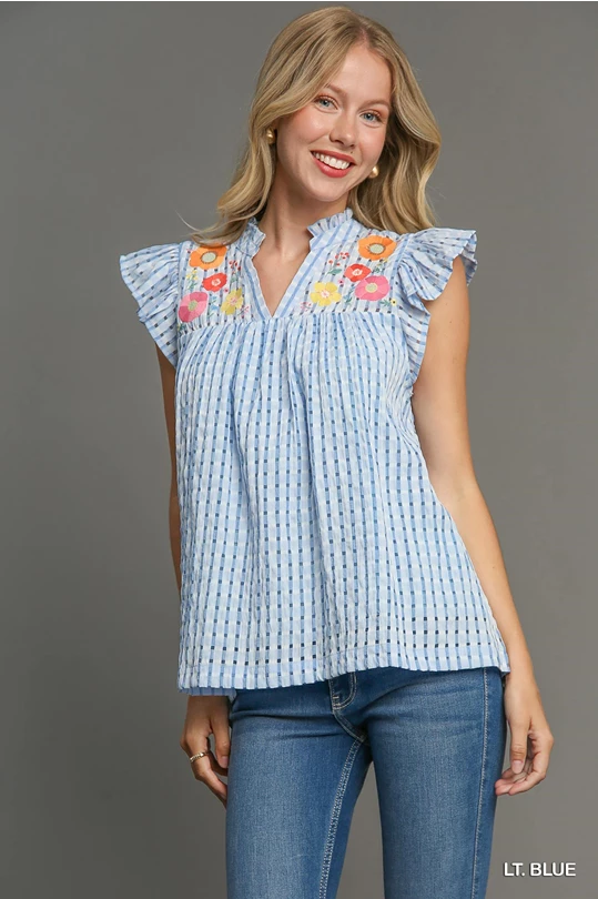 Umgee Blue Embroidery Split Neck Top