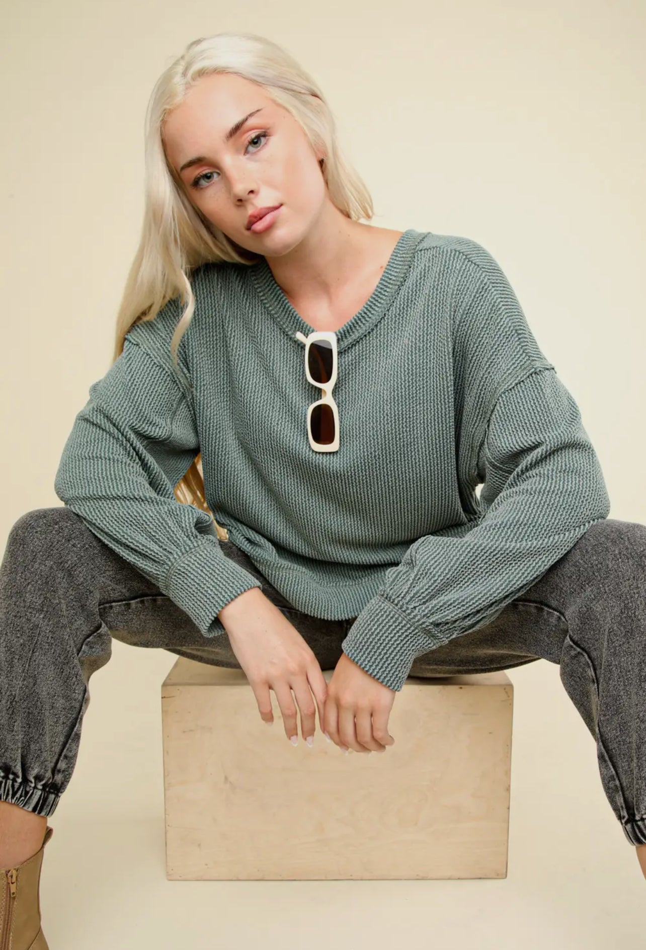 Moss Two Tone Ribbed Top