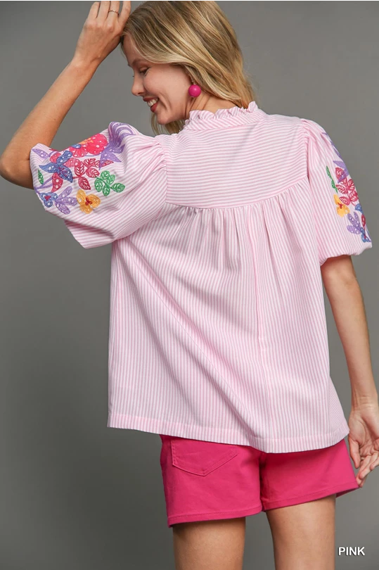 Umgee Embroidery Pink Stripe Pleated Top