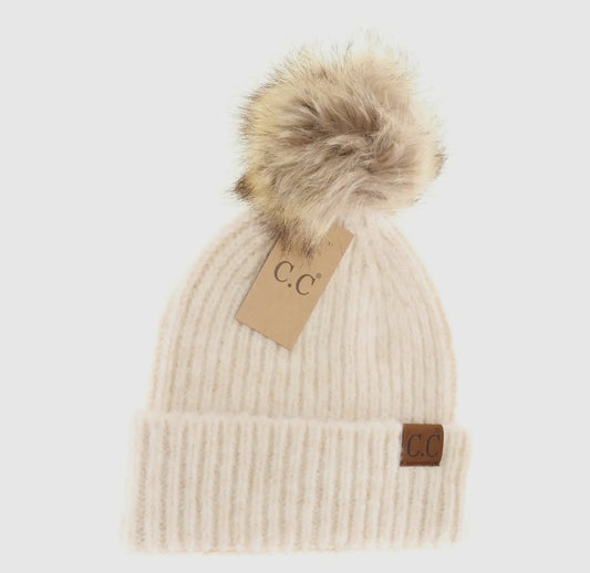 Oatmeal Soft Ribbed Fur Pom C.C Beanie