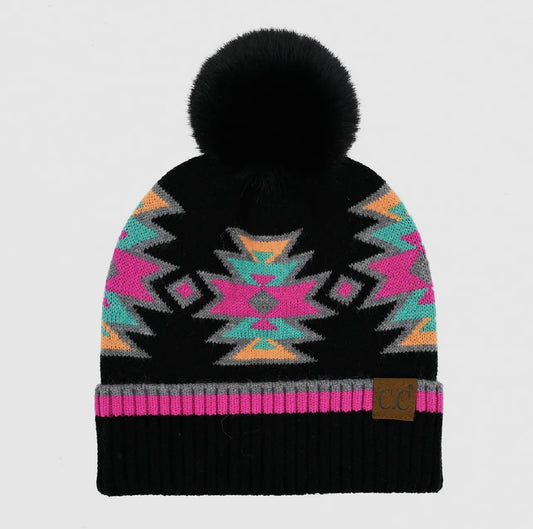 CC Black Multi South Western Fur Pom Beanie