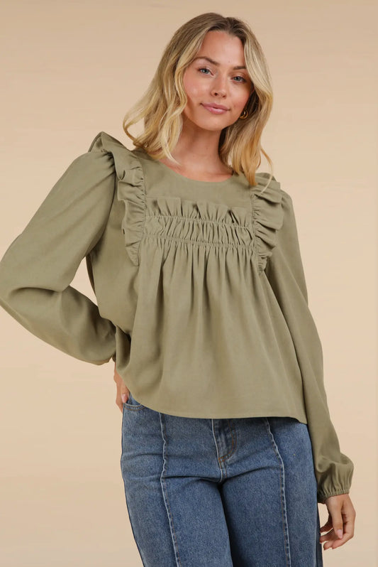 Sage Ruffle Shoulder Blouse Top