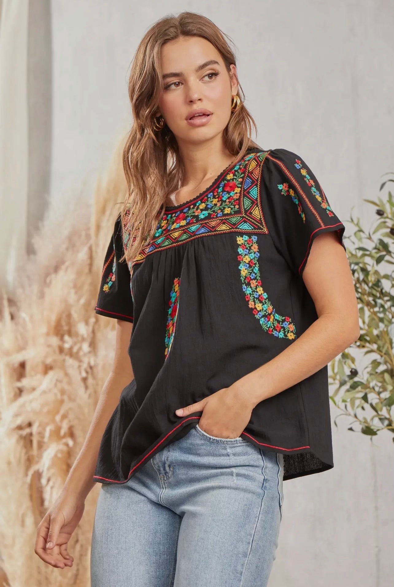 Andree Black Embroidered Tunic Top