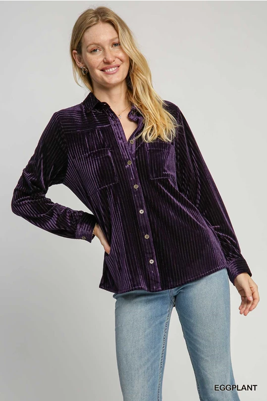 Umgee Eggplant Velvet Collared Top