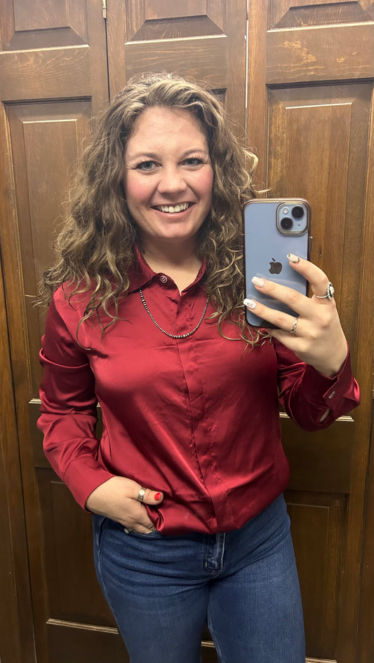 Satin Burgundy Button Down Top