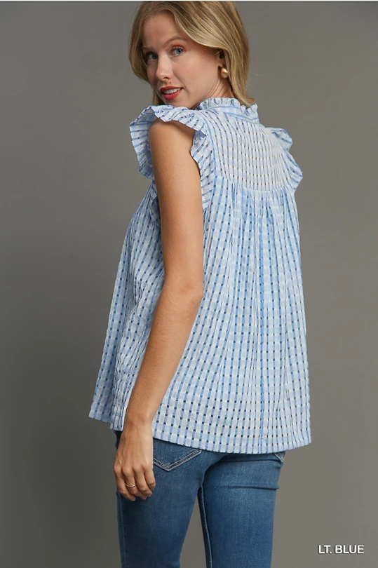 Umgee Blue Embroidery Split Neck Top