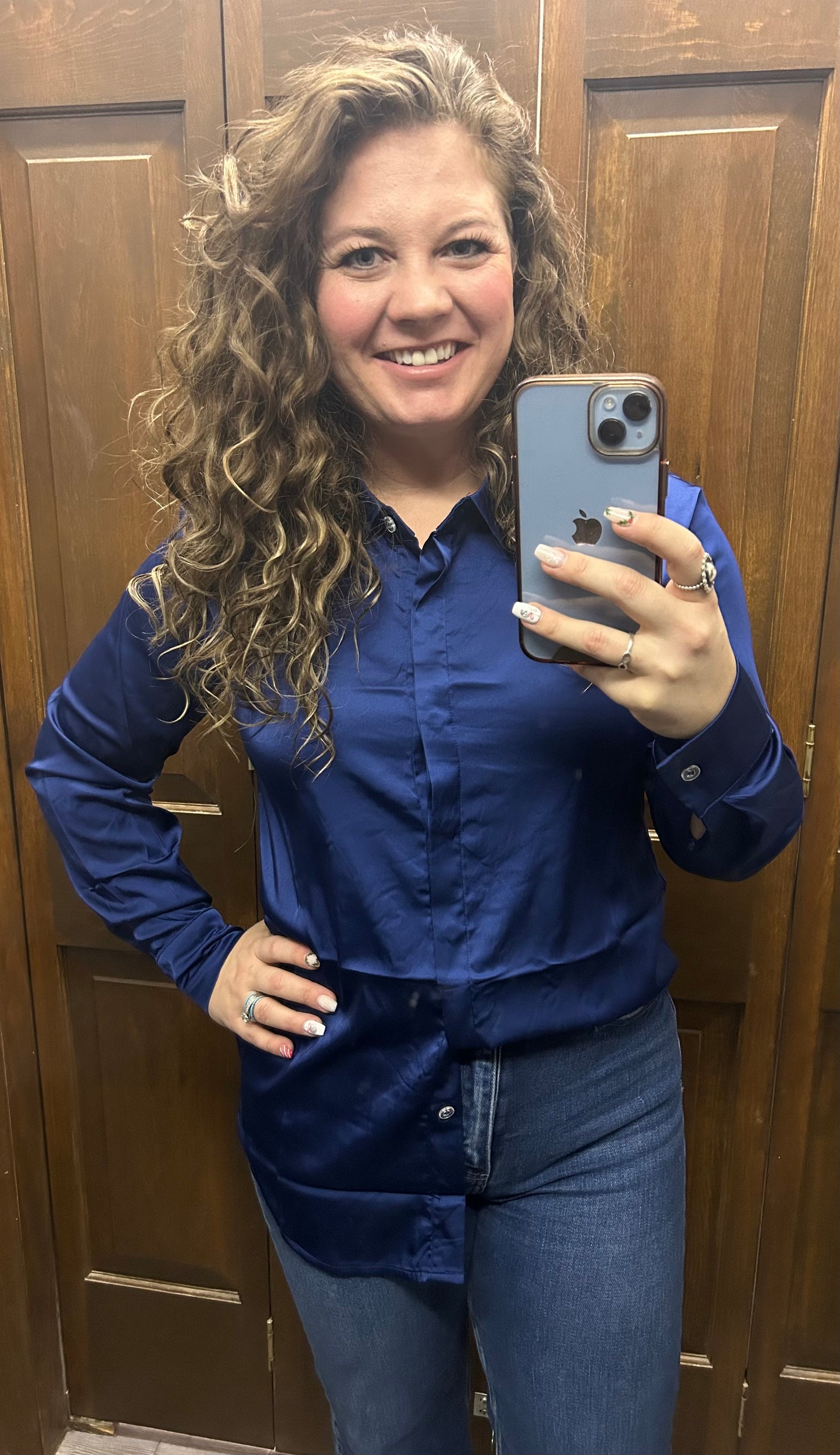 Satin Navy Button Down Top