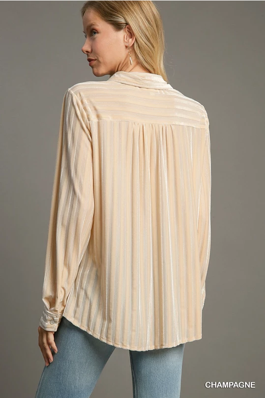 Umgee Champagne Metallic & Striped Collared Top