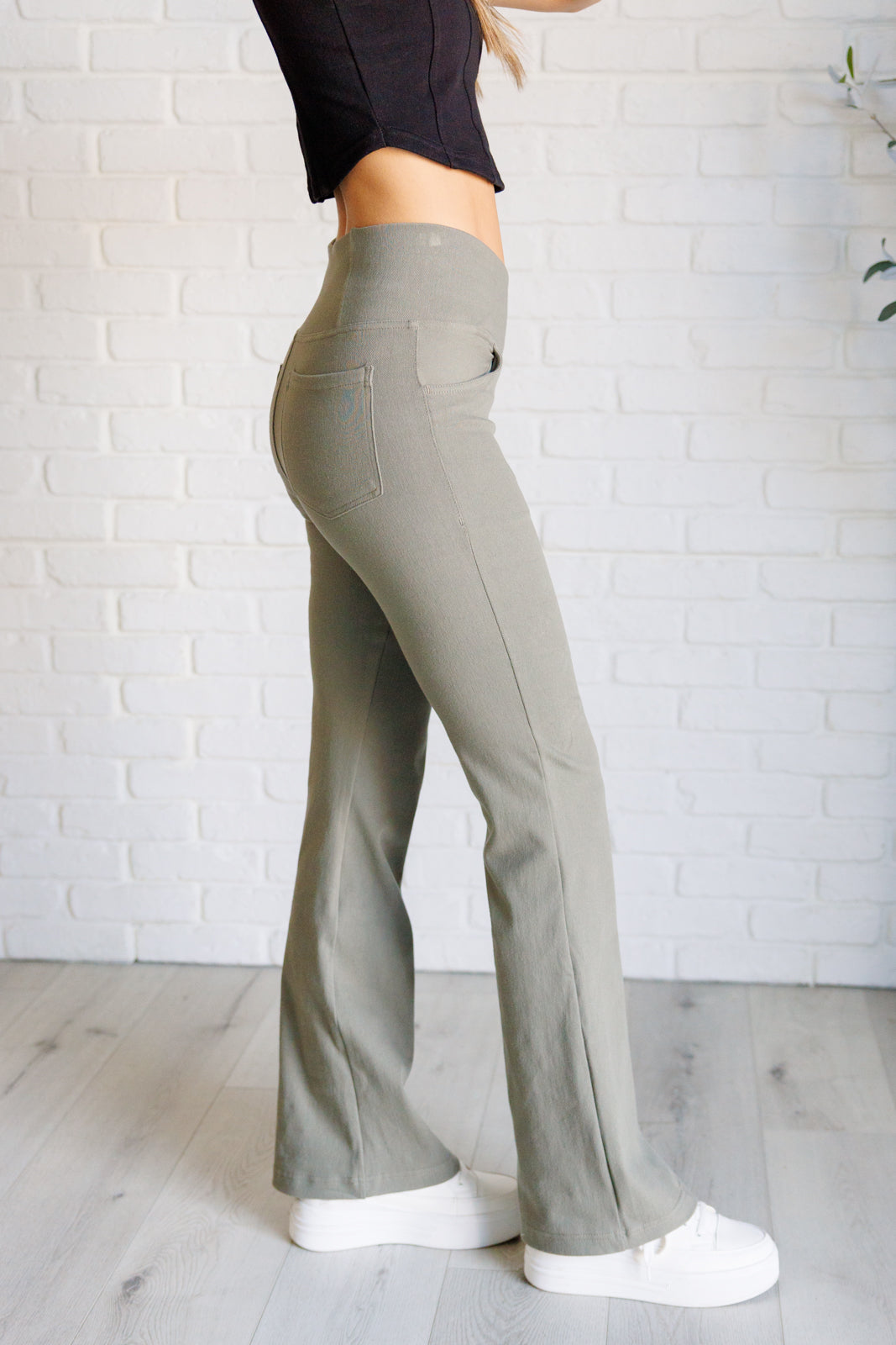 Building Habits Twill Flared Crossover Waist Pant in Dusty Olive