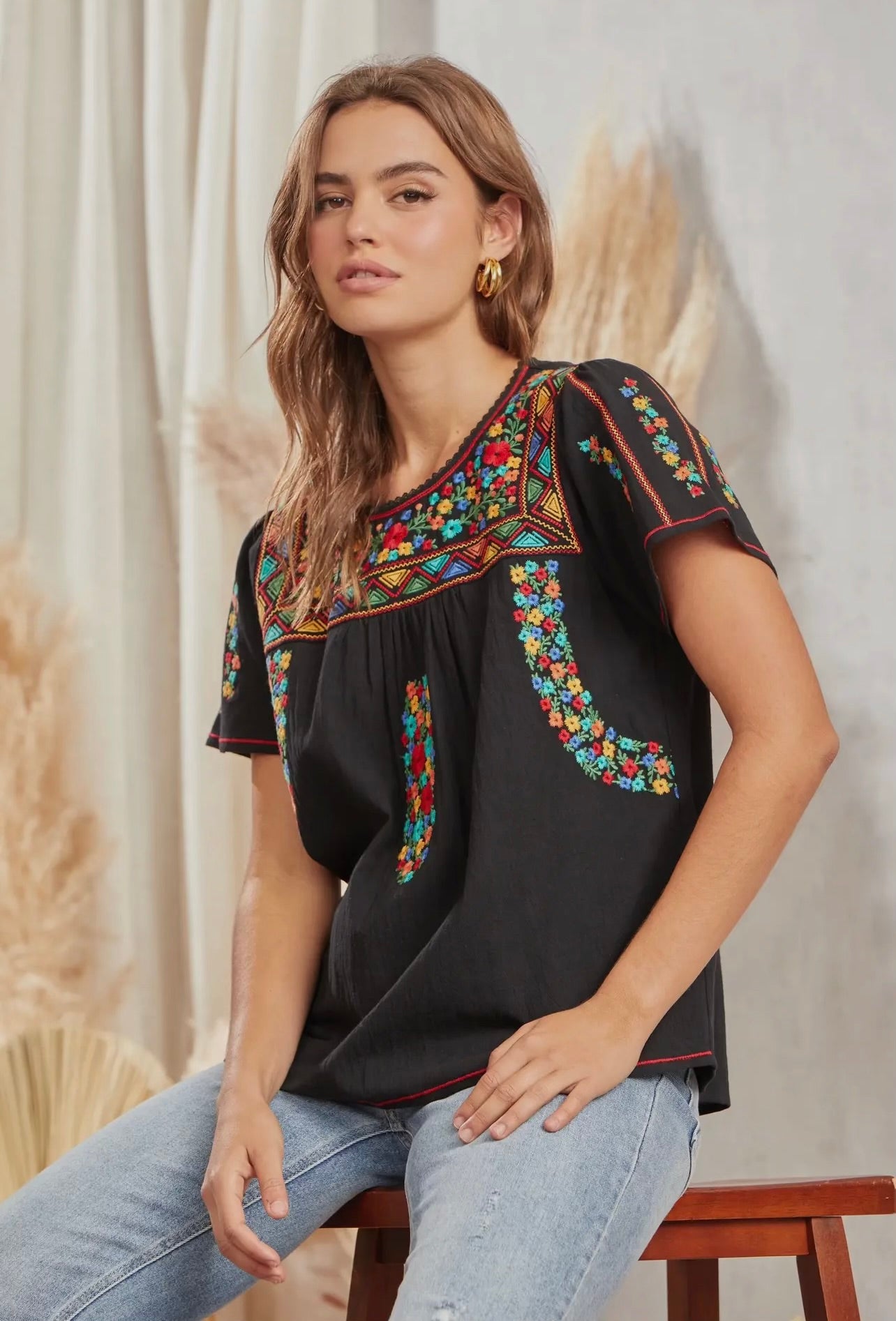 Andree Black Embroidered Tunic Top