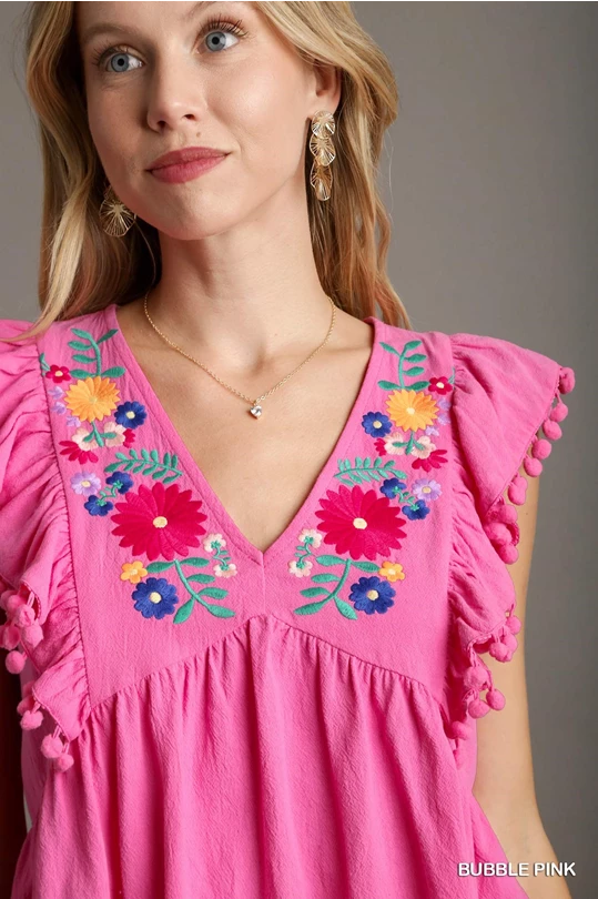 Umgee Pink Floral Embroidery Top