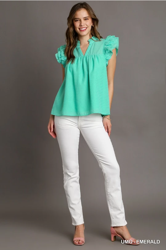 Umgee Emerald Organza Layered Ruffle Sleeve Split Neck Top