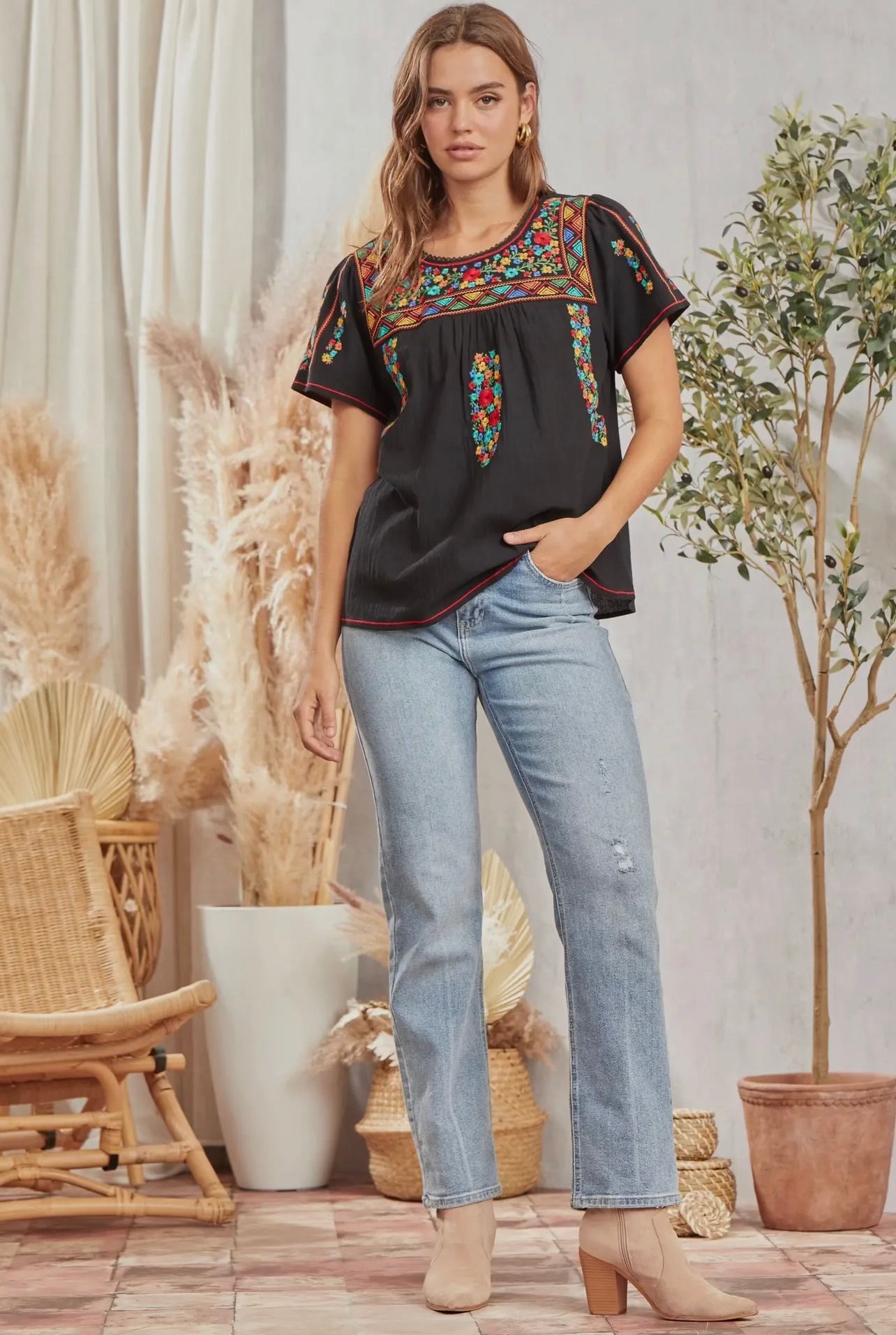 Andree Black Embroidered Tunic Top