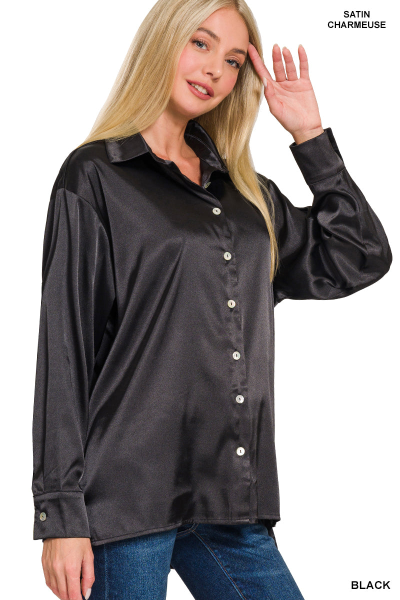 Black Satin Button Down Shirts