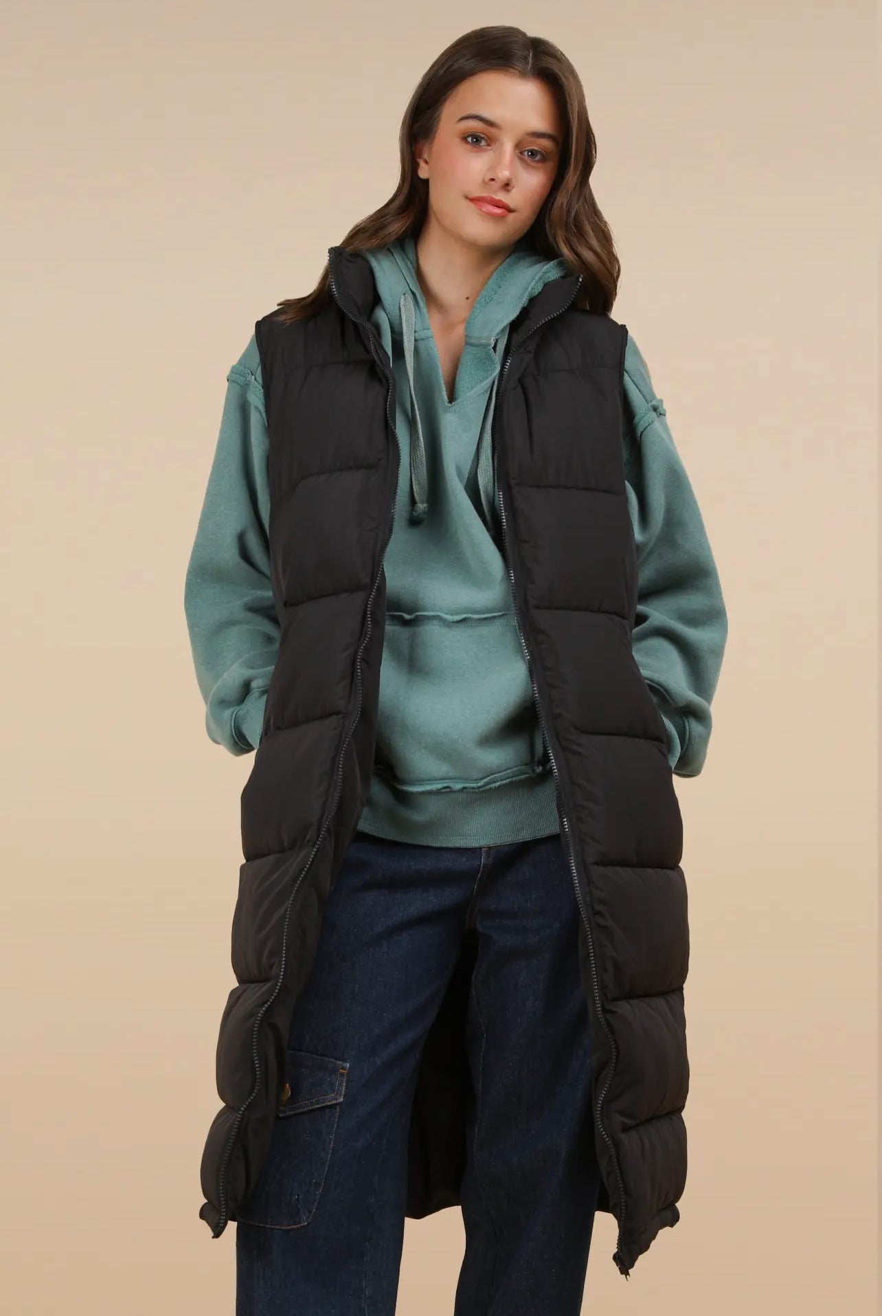 Long Puffer Vest with Pockets