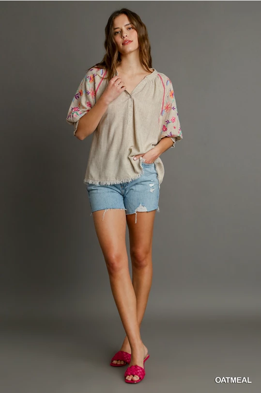 Umgee Linen Split Neck Mid Button Down Top with Embroidered Sleeves