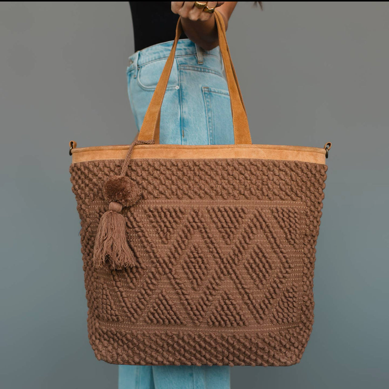 P Brown Diamond Pattern Textured Tote